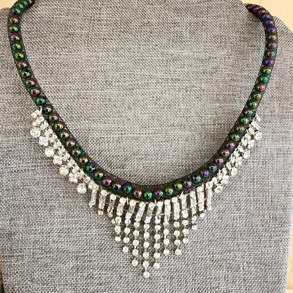 Rhinestone Cascade Fringe Black Iridescent Peacock Green Purple Bead Necklace